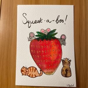 Handmade watercolor painting strawberry mice cats 5x7"